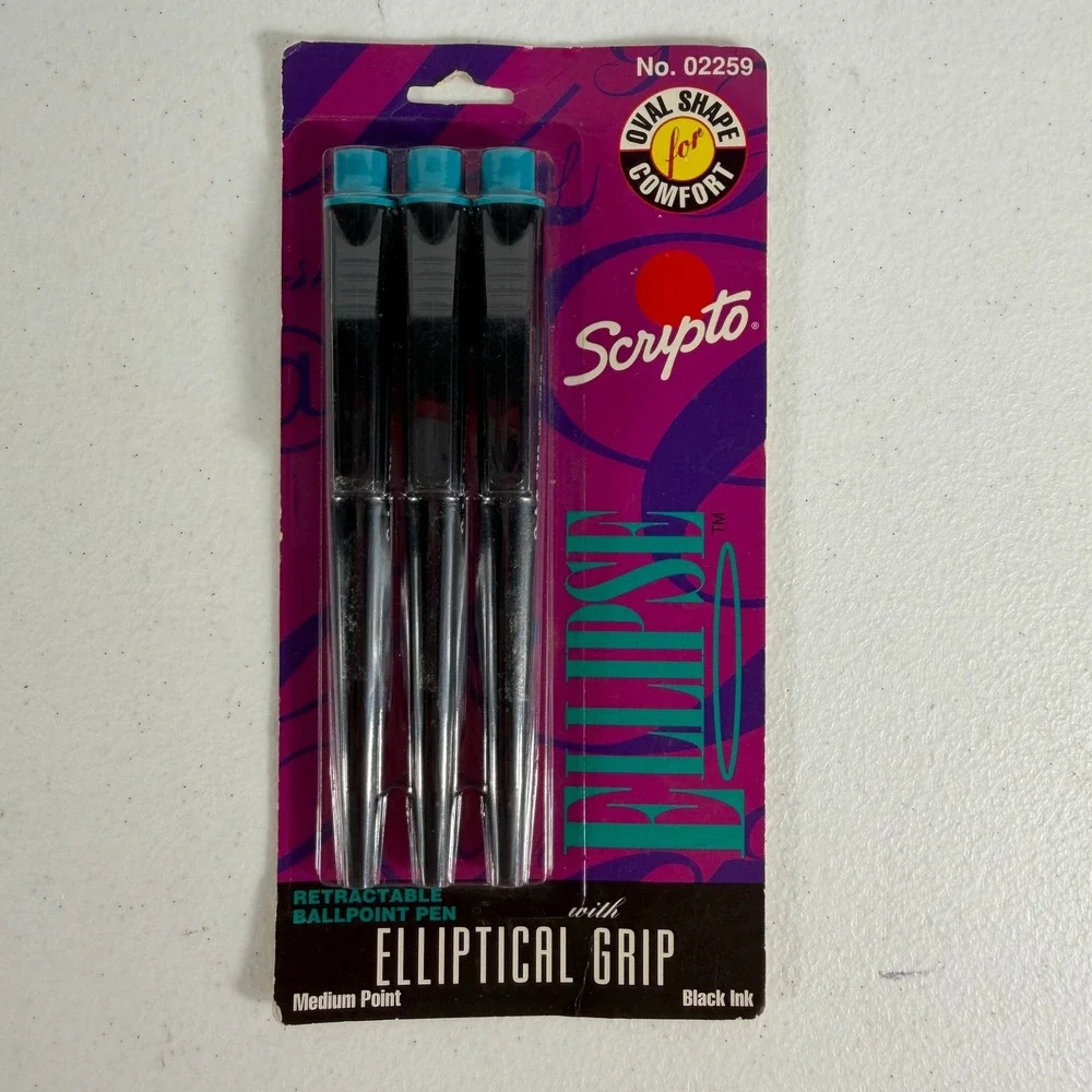Scripto 3 Pack‎ Ballpoint Pens Ellipse Retractable Medium Point Black Ink 1994